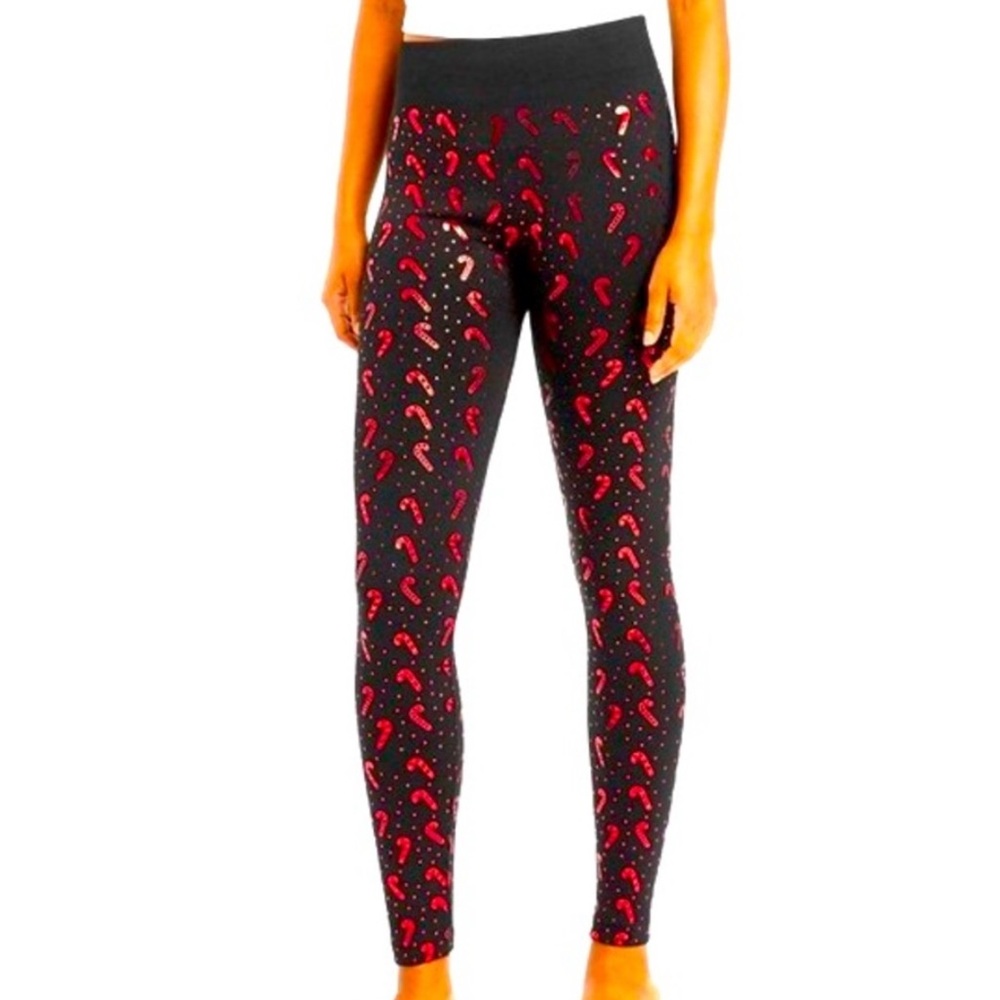 Candy Cane Leggings Wondershop Christmas Fleece-Lined Black & Red Metallic S/M